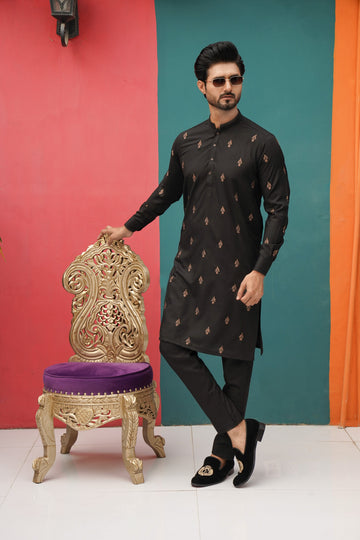 Black Color Copper Embroidered Kurta Pajama For Men